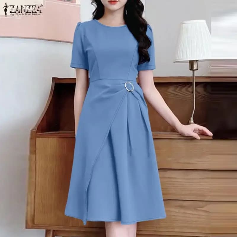 ZANZEA Abito da donna alla moda a strati, lunghezza al ginocchio, manica corta, scollo a O, tinta unita, asimmetrico, linea ad A, elegante e chic, per il lavoro, Robe Femme