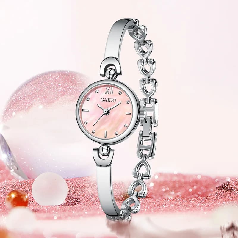 Exquisite Girl's Watch, Fashionable and Compact Pink and Blue Dial Waterproof Steel Strap Linked List Quartz Clock for Women