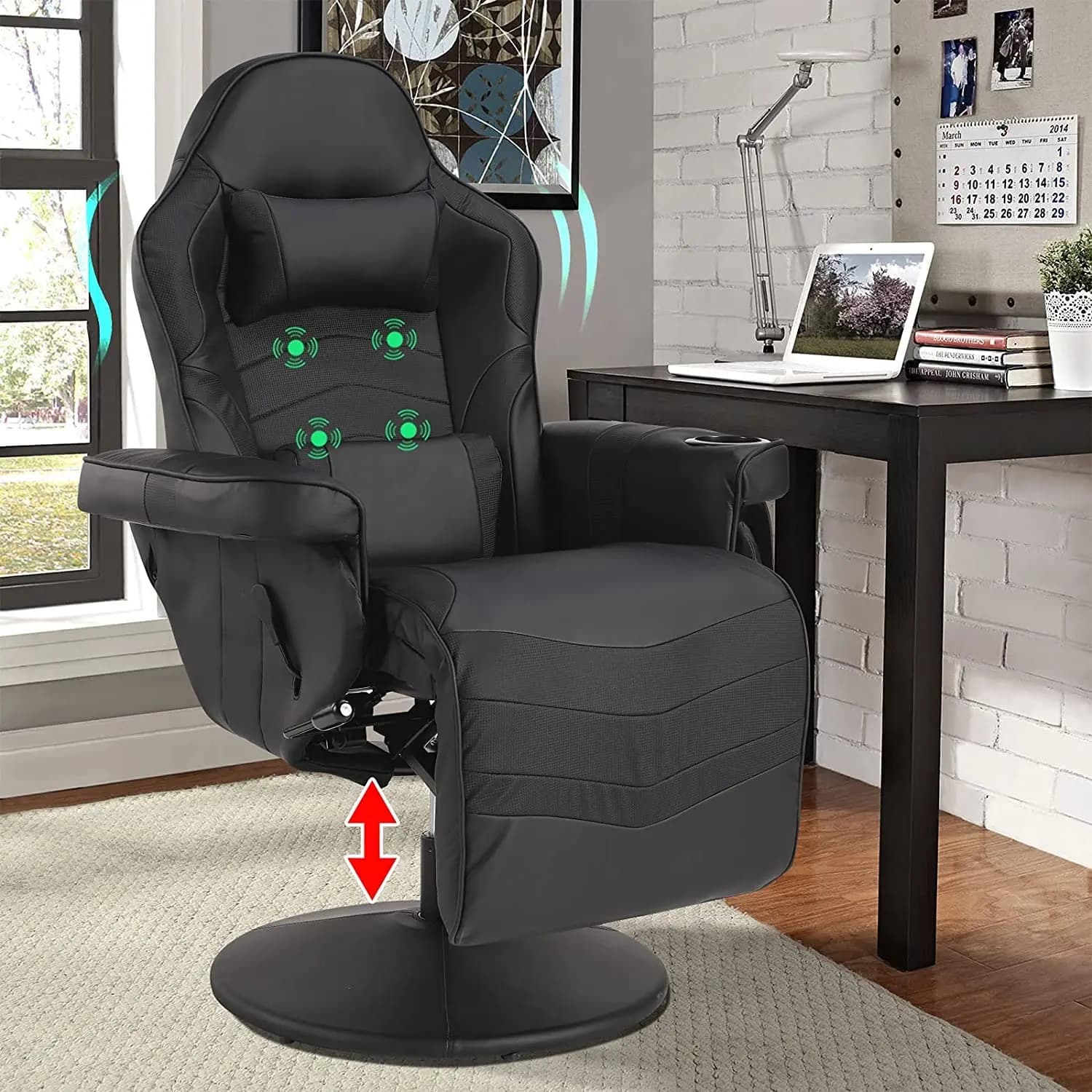Sedia da Gaming Reclinabile in Pelle PU con Massaggio, Poggiapiedi Regolabile, Supporto Lombare Girevole, Portabicchieri, Personalizzabile