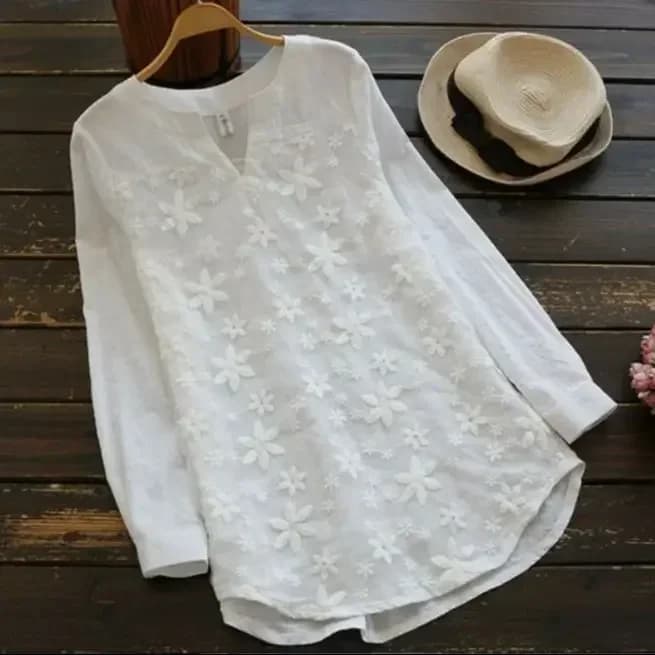 2024 Estate Autunno Camicetta Calda Delle Donne Del Merletto A Maniche Lunghe Magliette E Camicette Con Scollo A V Del Ricamo Allentato Plus Size S-5XL Camicia Elegante Blusas Femminile