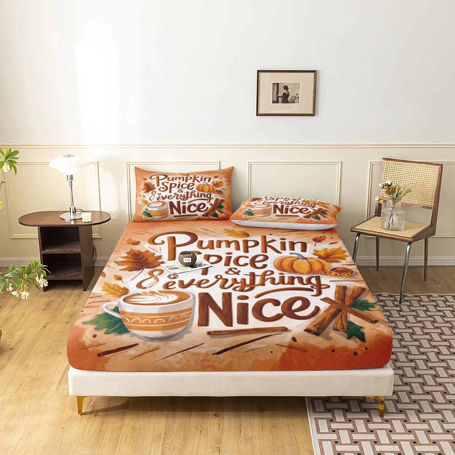 3Pcs Pumpkin Spice Latte Print Fitted Sheet Set, Orange Maple Leaf Cinnamon Pumpkin Printed Bedding, Multiple Sizes Available