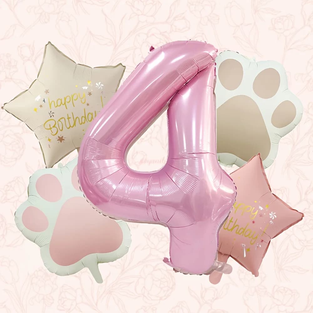 5-Piece Set of Pink and Cream Pet Birthday Balloon Set, Including Number Balloons (1-9) for Integrated Party Decoration, with Ribbon-Like Tails, Suitable for Dog and Cat Birthday Parties, Pet Lover Party Supplies, Number Balloons with Paw Prints and Hearts, Ready to Be Filled with Helium, No Helium Needed, Easy to Set Up, Suitable for Year-Round Use, Birthday Decorations, Birthday Theme, Party Decorations, Happy Birthday Garland