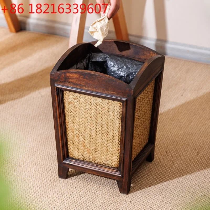 YAO Thai Solid Wood Trash Can Nordic Living Room Bedroom Creative Retro Wooden Uncovered Rattan-Woven Wastebasket Home & Garden