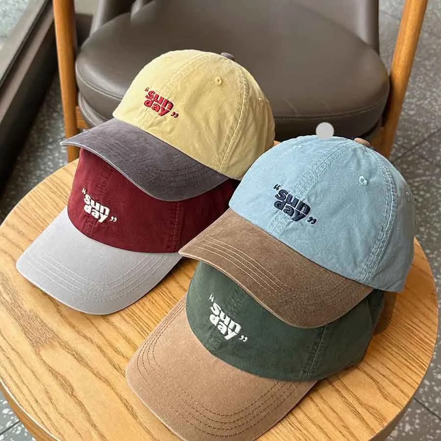 Two Tone Washed Cotton Baseball Cap "Sunday" Embroidery Soft Dad Hat Women Men Outdoor Casual Sun Protection Hat