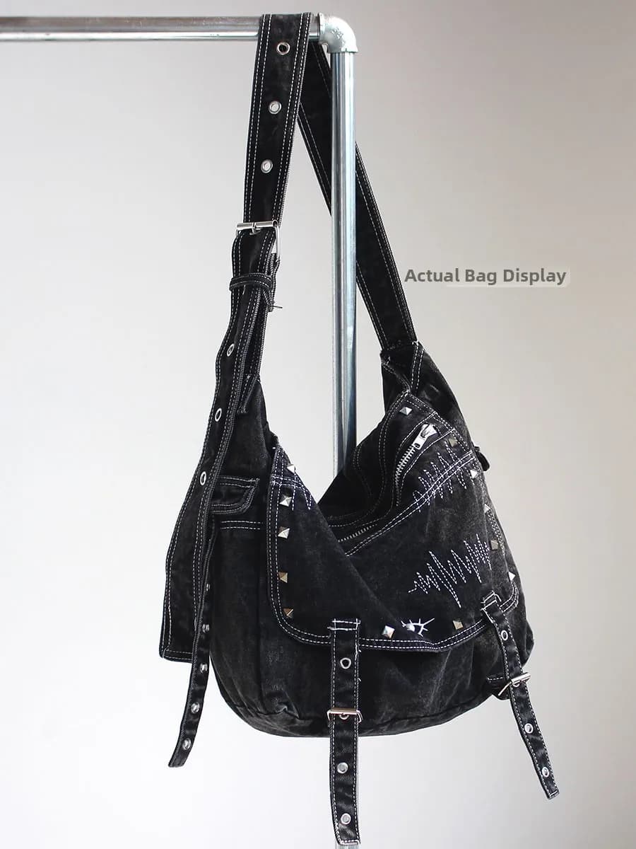 Unisex Shoulder Bag in Denim Washed Style Y2K, Great Capacity, Casual, Fashion Brand, with Soft Handle and Rivet Details