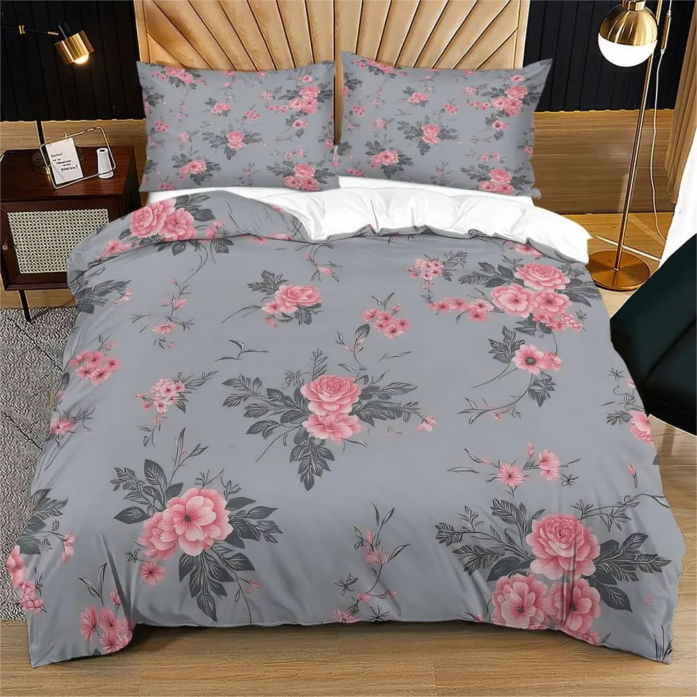 Grey Base Pink Floral Rose Duvet Cover Set Comforter Cover Bedding Set No Filler HD Digital Print Soft Teen Girl Bedding Cover