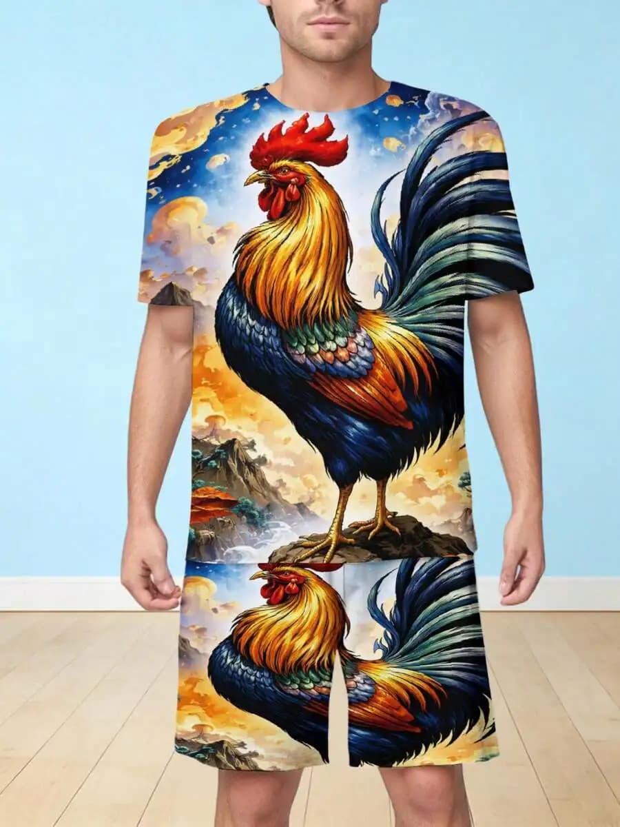T-shirt e pantaloncini da uomo con stampa Majestic Rooster Fantasy Sunrise, completo casual estivo