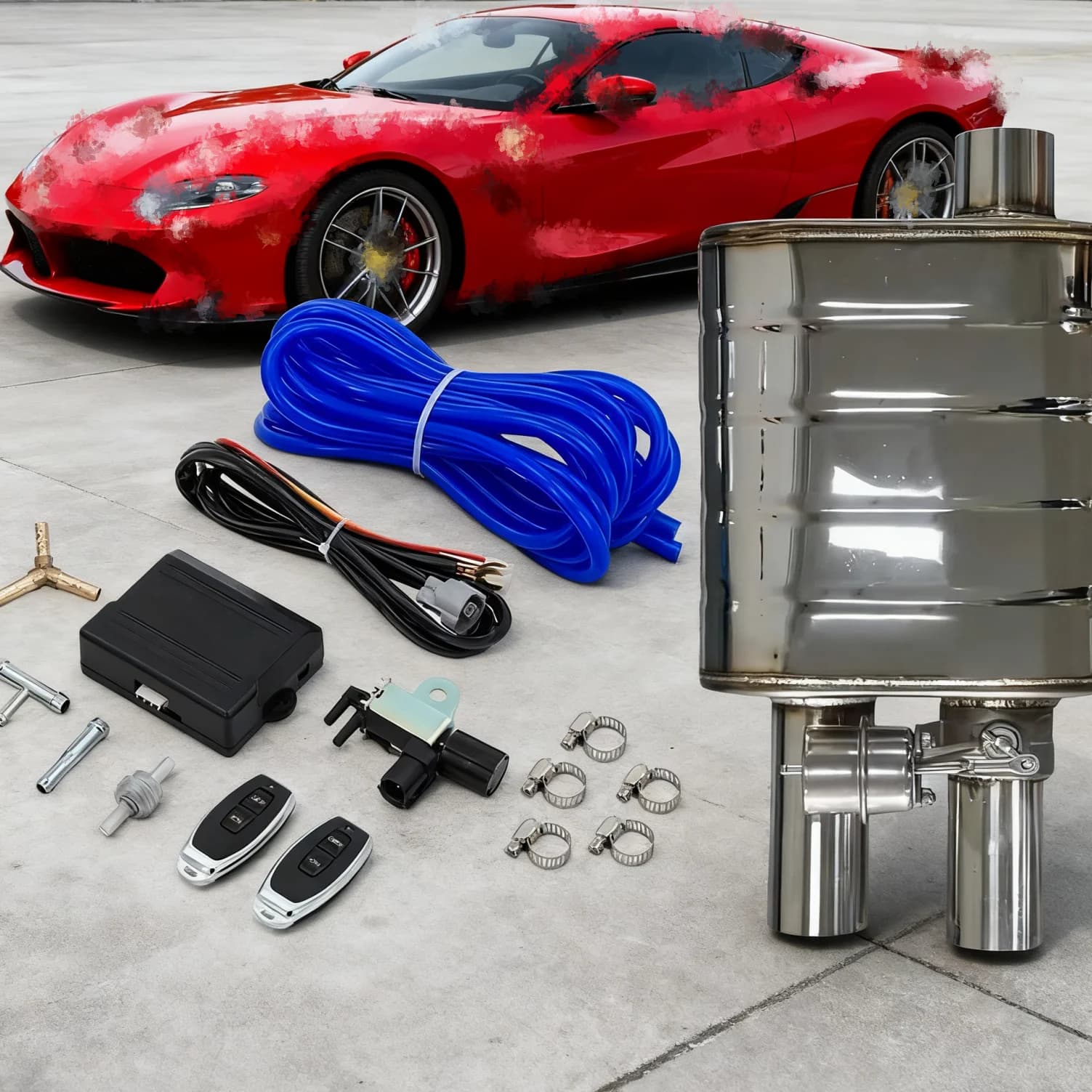 Silenziatore di scarico per auto a doppia uscita con ingresso singolo con valvola di ritaglio della pompa a vuoto e controller da 2/2,5/3 pollici