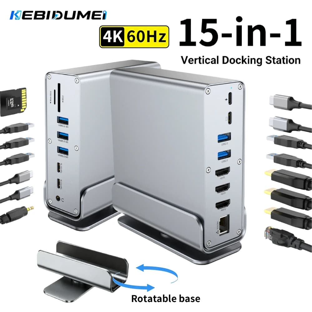 KEBIDUMEI 15 in 1 Hub Type-C Docking Station 4K@60Hz HDTV USB3.0 PD 100W RJ45 SD/TF Audio 3.5 Port Adapter for Macbook Laptop PC