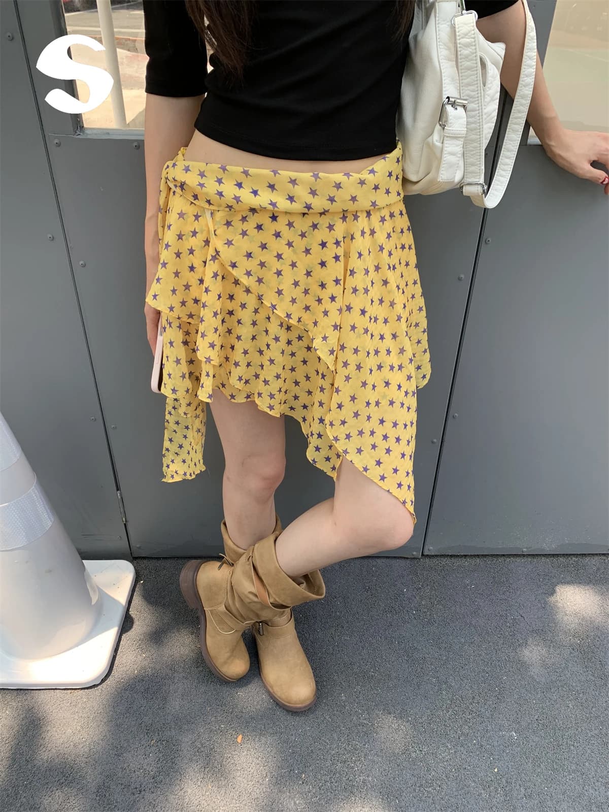 Summer Beach Style Asymmetrical Low Waist Printed A-Line Skirt Yellow Chiffon Half-length Skirt Women's Fashion Commute