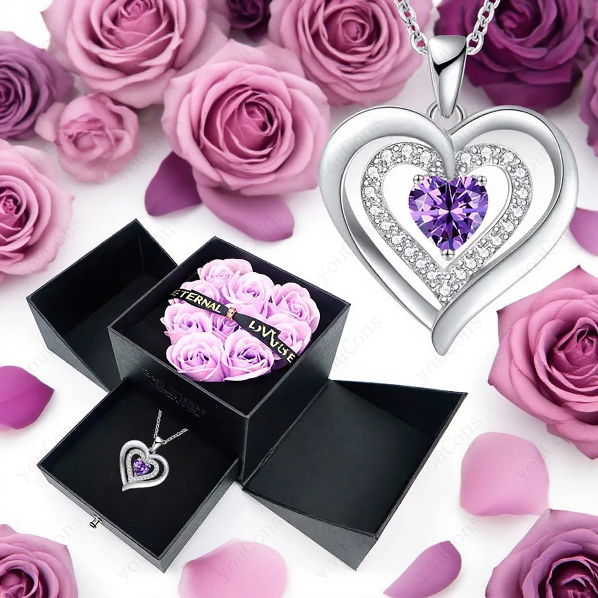 Ciondolo per collana con zirconi a forma di cuore con confezione regalo con fiocco rosa Set di gioielli 2025 per fidanzata moglie San Valentino Natale Compleanno a sorpresa