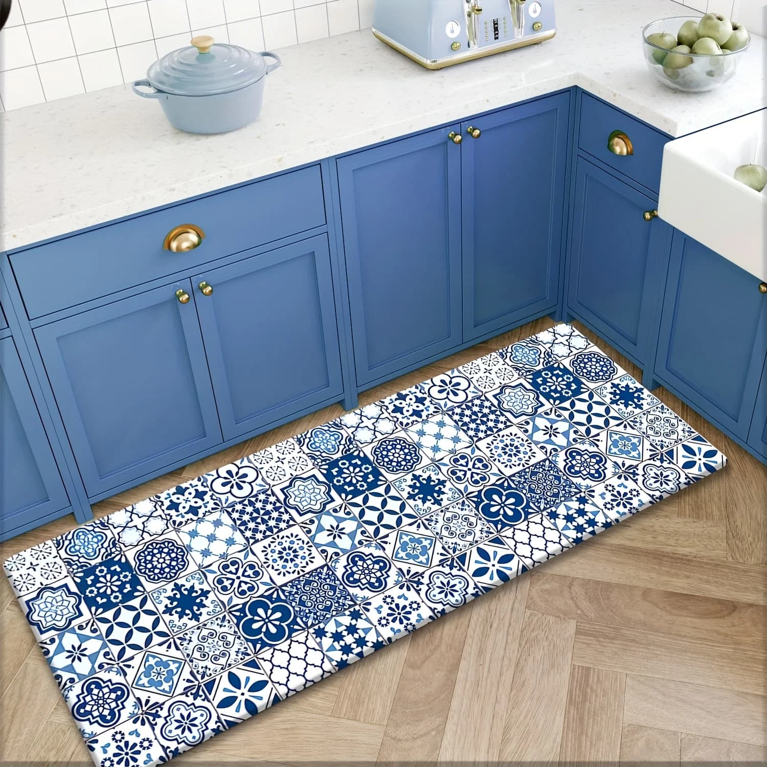 Tappeto da cucina blu e bianco con motivo marocchino, antiscivolo, lavabile, assorbente, in fango di diatomee, per cucina e corridoio
