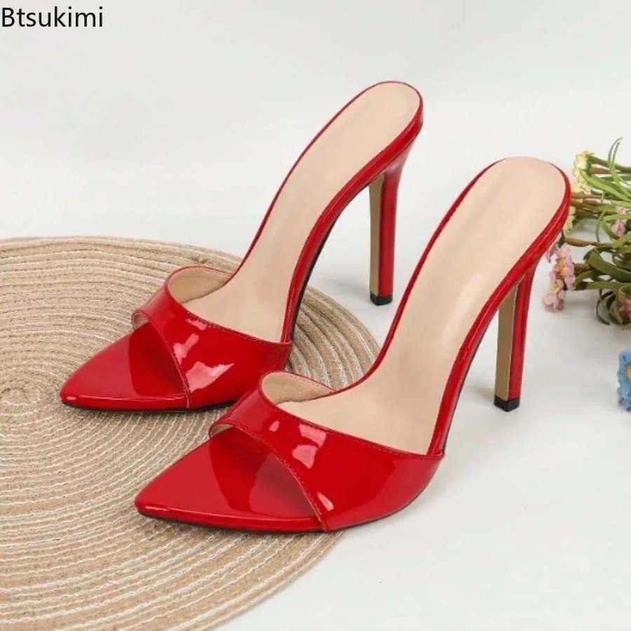 New 2026 Women's Open Toe Mules Gold Silver Slip on Thin High Heel Sandals Banquet Sexy Fashion Ladies Sandals Plus Size 35-43