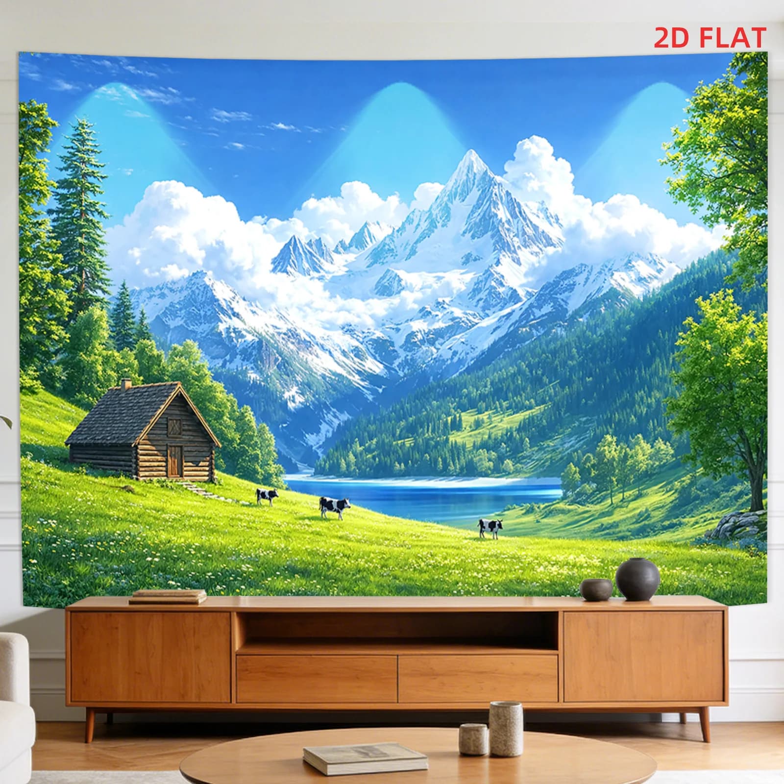 Gigantic Alpine Mountain Landscape Tapestry Mural Wall Hanging Decor for Home Cabin Forest View Nature Polyester Art