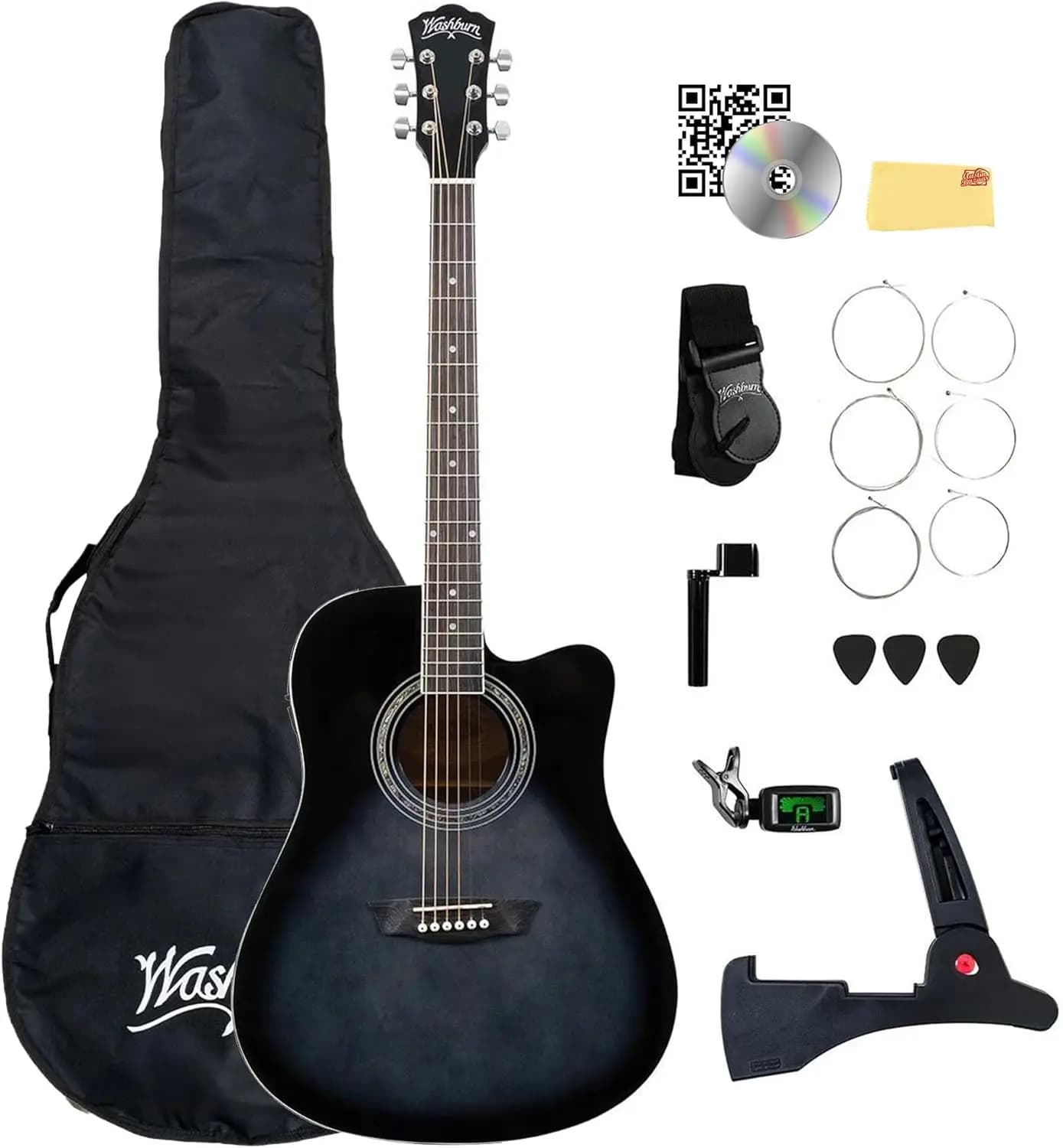 Acoustic-Electric Guitar Starter Set - Black Includes Carrying Bag, Shoulder Strap, Guitar Picks, Spare Strings, Floor Stand, Tutorial DVD, and Cleaning Cloth