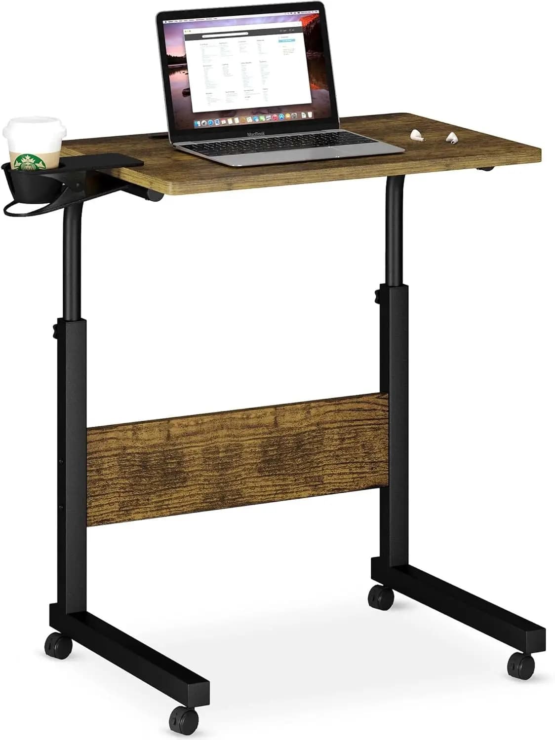 Supporto per laptop mobile regolabile in altezza con portabicchieri, scrivania ergonomica su ruote per ufficio domestico, finitura noce