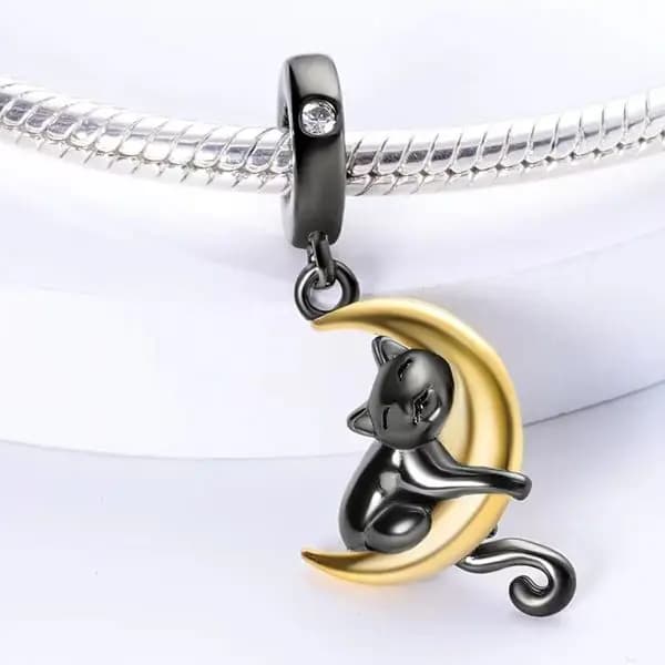 Dangle Charm 925 Silver Moon Cat Fit Original Bracelet Bead Diy For Women Fine Jewelry