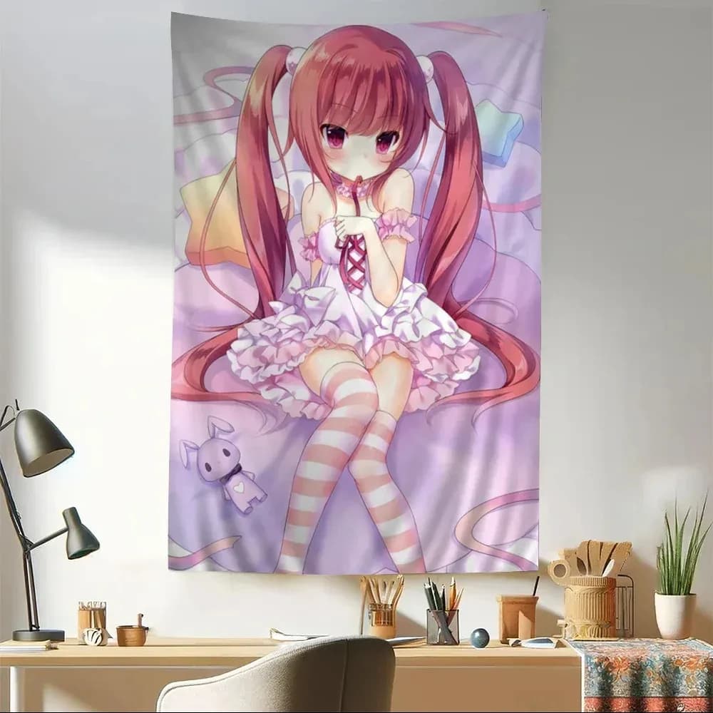 Sweet Little Loli Anime Silk Art Hanging Bohemian Tapestry Hanging Tarot Hippie Wall Rugs Dorm Japanese Tapestry