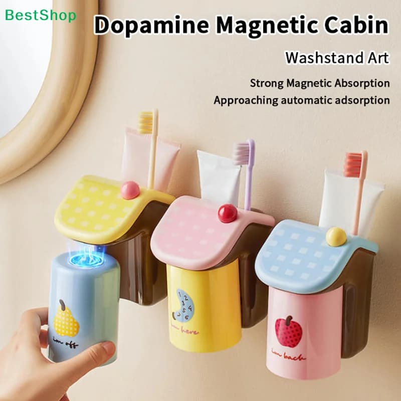 ♥ ❀ Portaspazzolino Magnetico con Tazza, Set Portaspazzolino da Parete con Motivo Frutta per Bagno