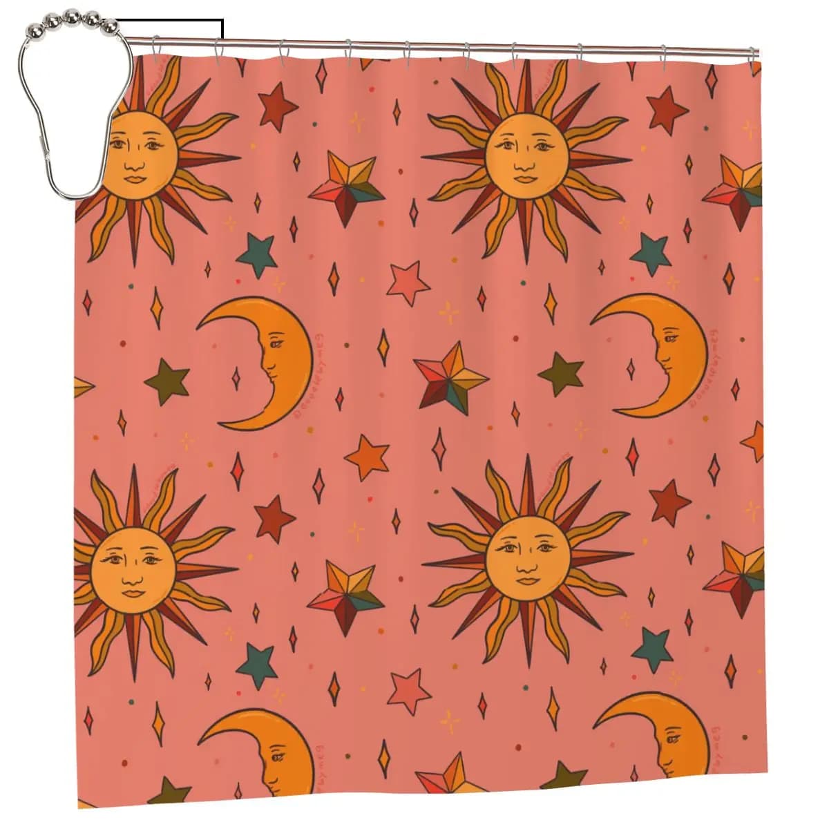 Tenda da doccia con stampa Folk Moon And Star, tende da bagno impermeabili in poliestere con ganci