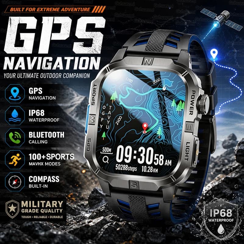 Nuovo Smartwatch GPS da Esterno per Uomo con Bussola, Display AMOLED da 2.01”, Torcia, Chiamate HD, Impermeabile IP68, Mappa e Tracciamento Sportivo