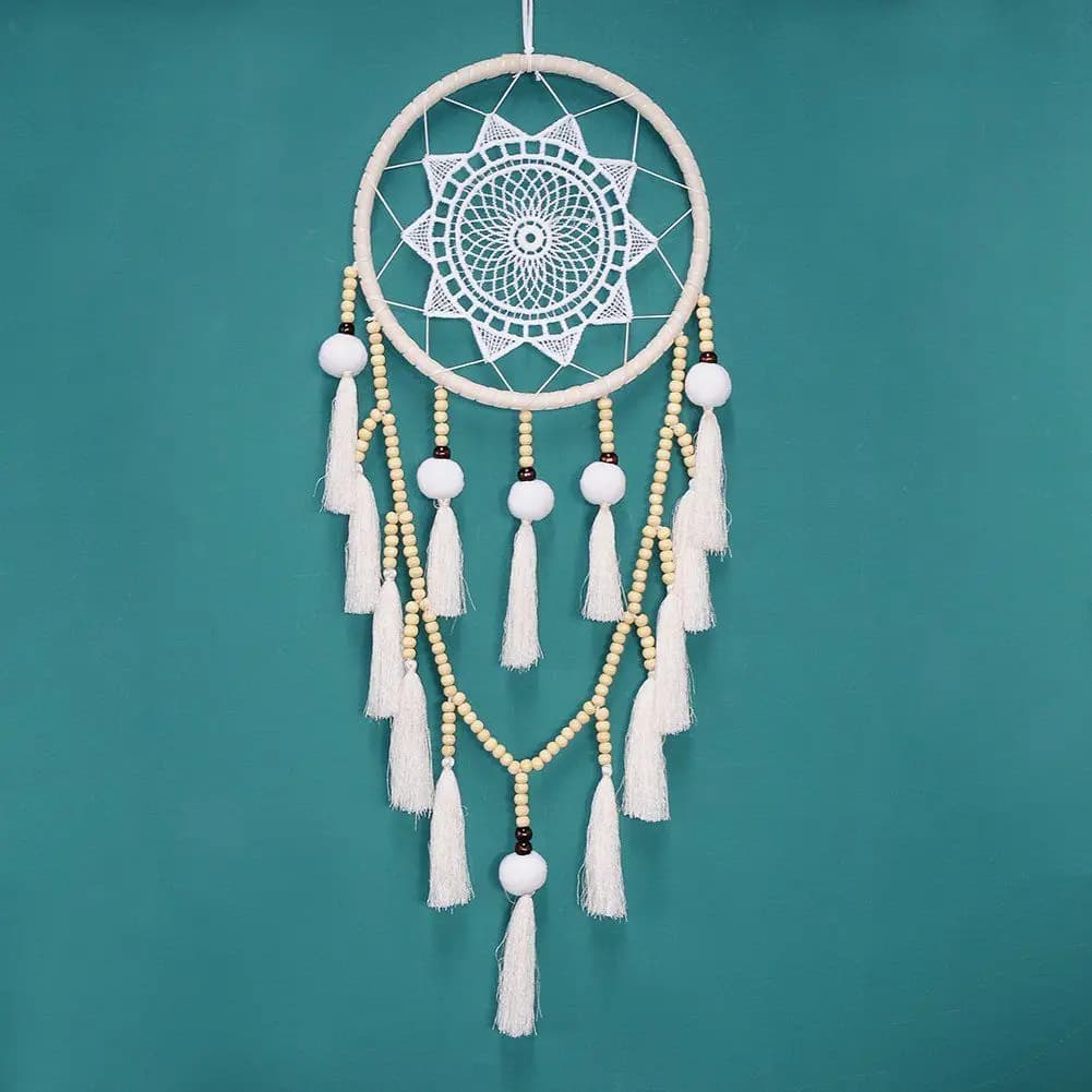 A88E-Macrame Wall Hanging Dream Catcher Large Natural Hairball (Beads With Tassel)