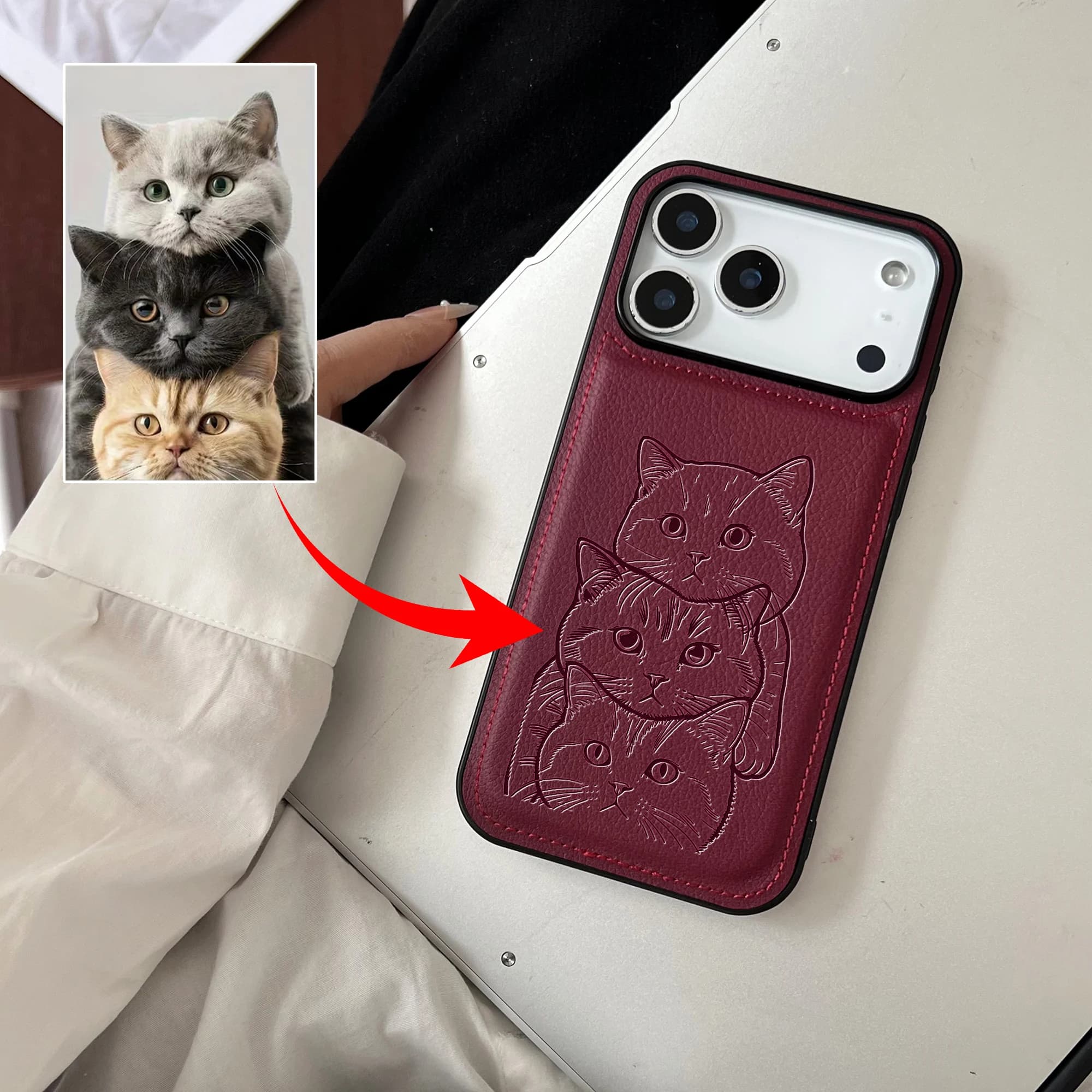 Custodia per iPhone 17 Pro Max in Finta Pelle di Lusso con Incisione Laser 3D Personalizzata con Linee Disegnate a Mano di Foto di Famiglie e Coppie - Regalo Fai da Te