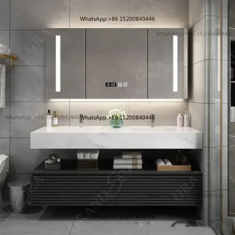 Mobile Bagno Sospeso Moderno in Legno di Quercia Bianca da 72 Pollici con Doppio Lavabo e Specchio LED