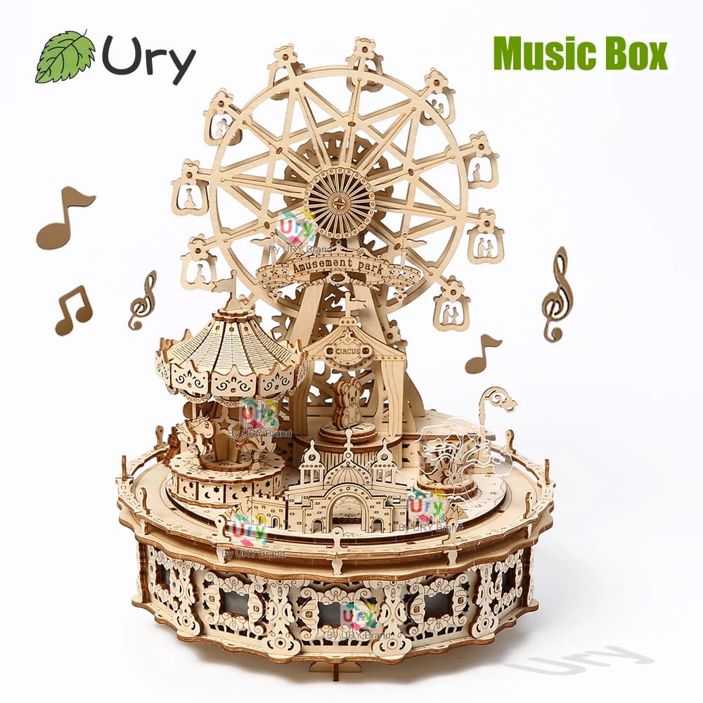 Puzzle 3D in Legno Ury, Ruota Panoramica Rotante con LED, Modello di Parco Divertimenti con Carillon, Kit di Montaggio Fai-da-Te, Regalo per Bambini e Adulti