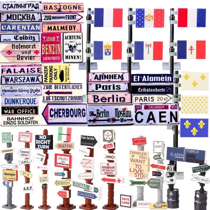 WW2 Segnale stradale di avvertimento militare Blocchi di costruzione Soldato dell'esercito Figure Accessorio da campeggio Bandiera tricolore nazionale francese Mini mattone