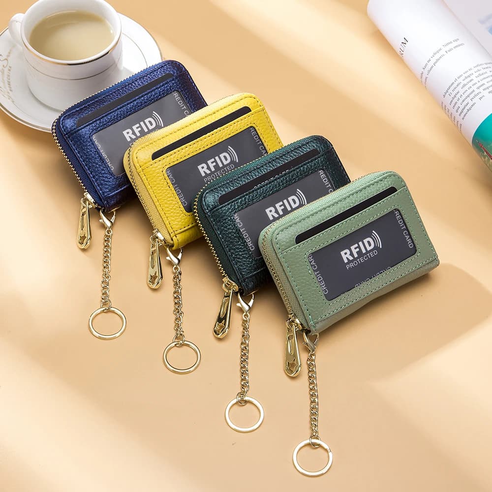 Porta carte di credito Rfid da uomo in vera pelle da donna Portafoglio con cerniera piccola Portamonete solido Portachiavi ID Slot per tesserino Mini borsa per soldi