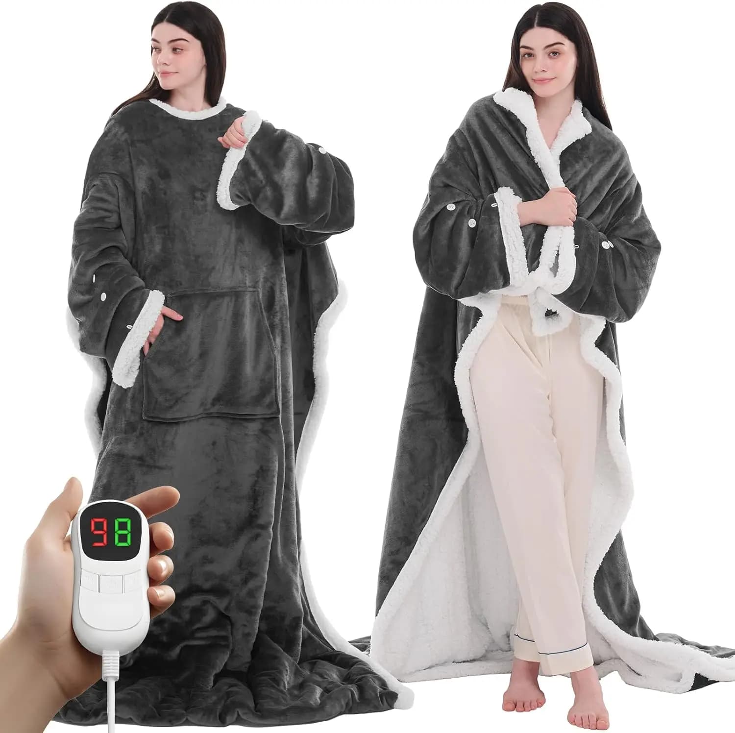 Scialle coperta elettrico riscaldato con 10 livelli di calore e timer, felpa con cappuccio indossabile in grigio