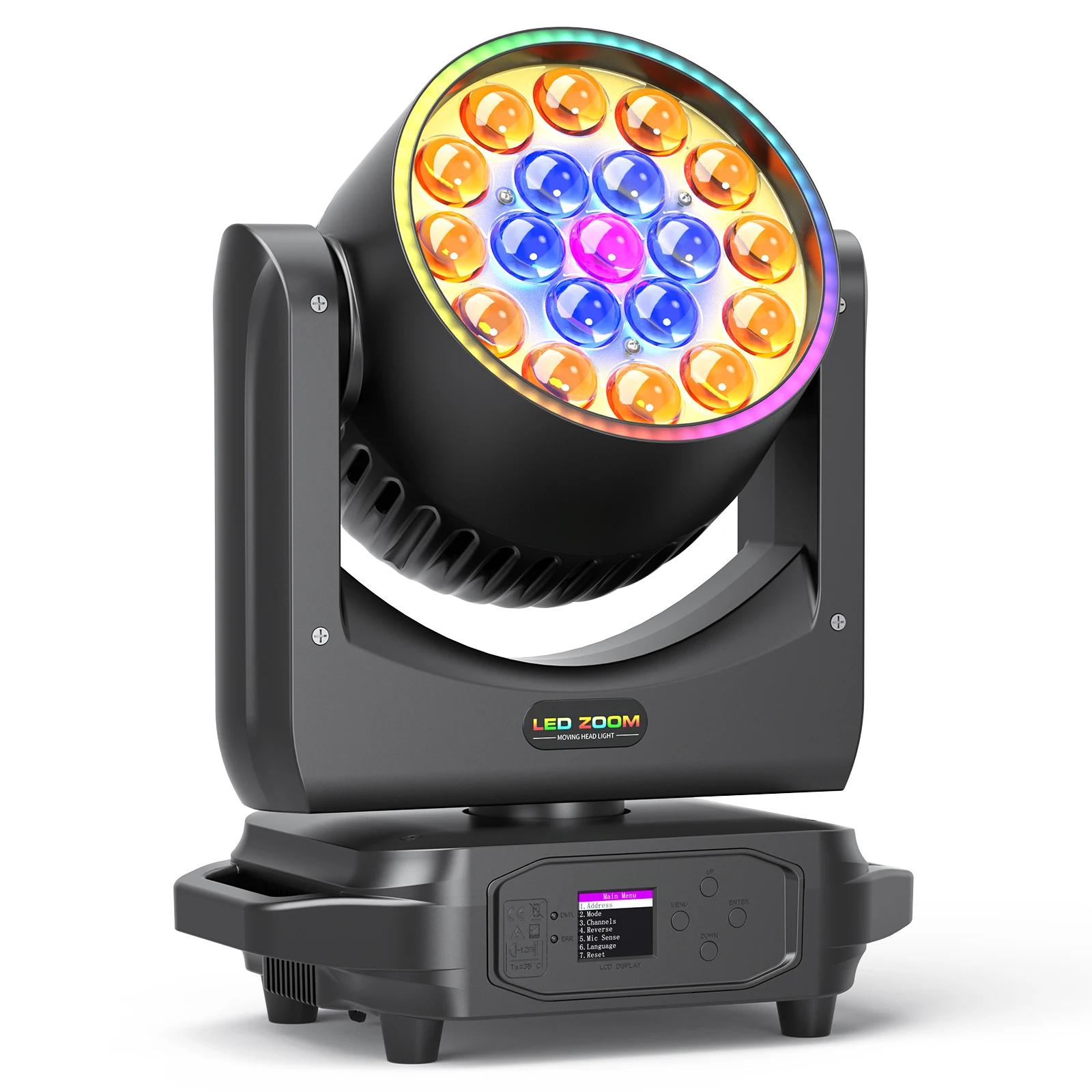 Yiflamefly 220W Zoom Wash Moving Head Lights 19X15W RGBW LEDS Palcoscenic Lights with Bright Strip for Weddings, Feste, DJ, Discos, Bar, KTV