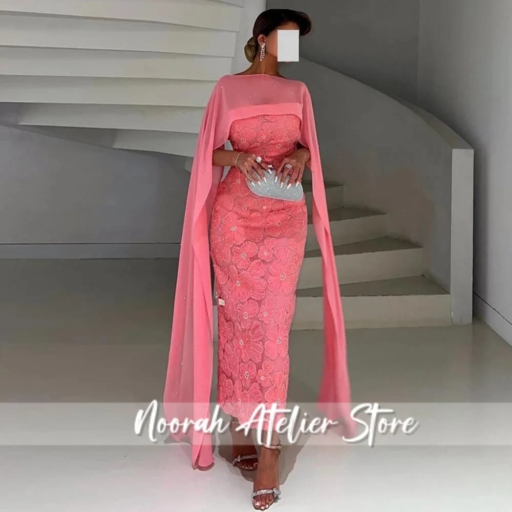 Abito da sera rosa pesca Mantella in chiffon senza spalline senza maniche Squisito abito da festa a sirena con fiori 3D Abito da ballo saudita personalizzato