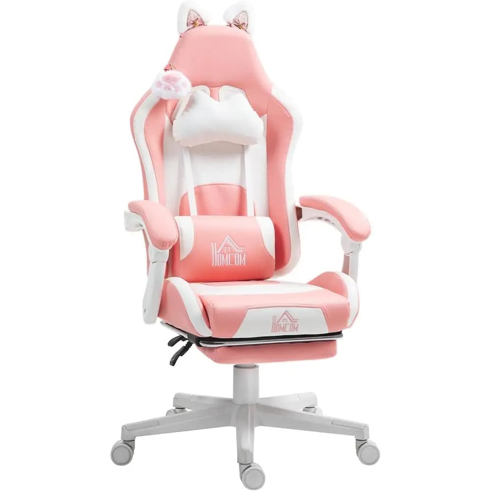 Sedia da Gaming in Pelle Rosa con Orecchie da Gatto, Reclinabile, Supporto Lombare, Altezza Regolabile, Girevole e con Ruote