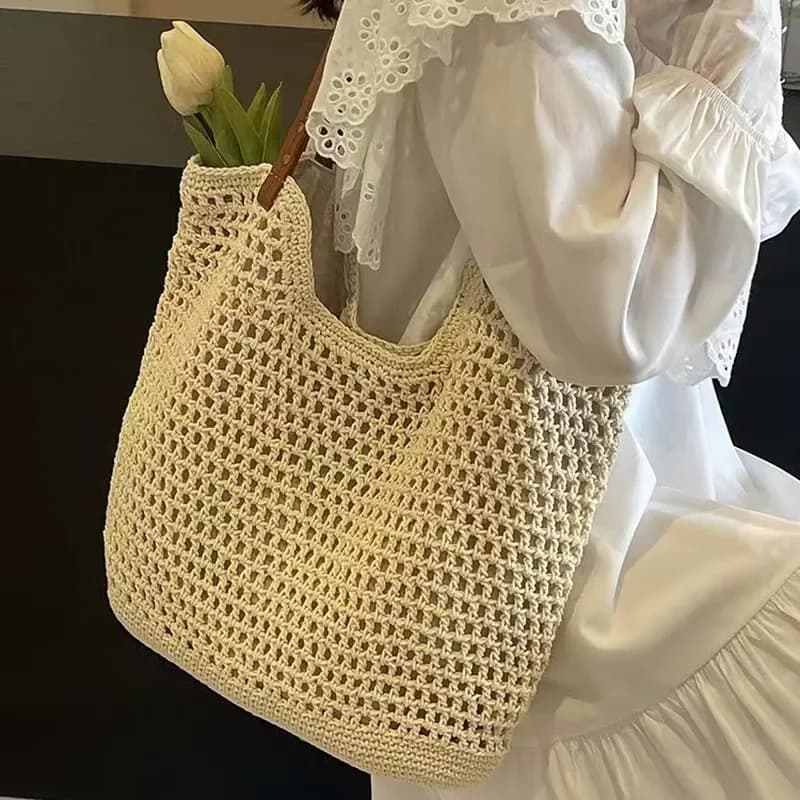 Women's hand-woven straw tote bag made of premium cotton thread large capacity shoulder bag for vacation and beach