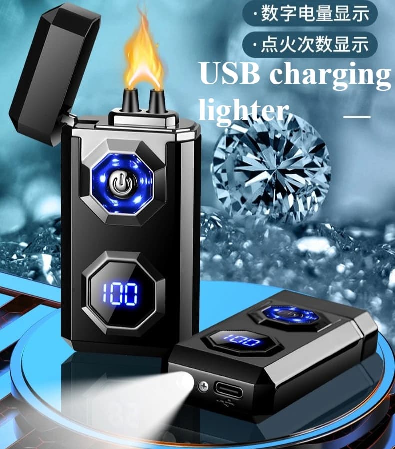 Nuovo Accendino Ricaricabile Antivento ad Alta Potenza USB con Arco Elettrico, Accendino Elettronico per Sigarette con Display Digitale, Regalo per Uomo