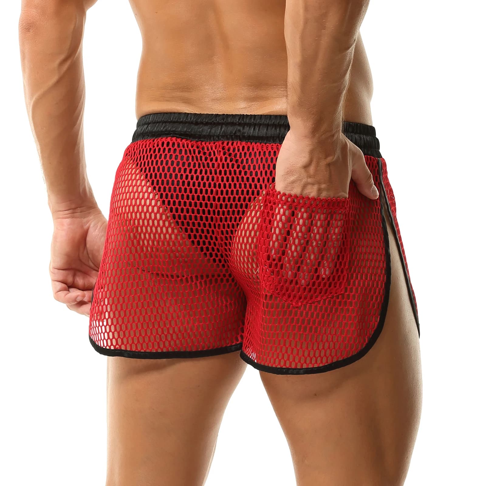 Pantaloni da uomo sexy trasparenti a freccia Mesh Hollow Sides Open Loose Boxer Shorts Traspirante Rete da pesca Anale Trasparente Tronchi da uomo
