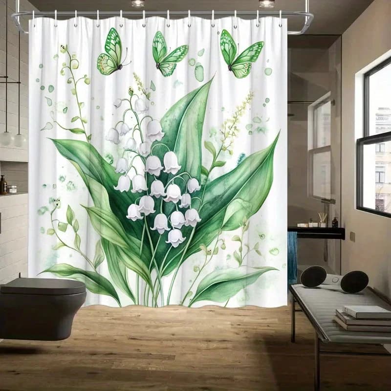 1 tenda da doccia Lily of the Valley - Farfalle verdi, design ad acquerello, poliestere, lavabile in lavatrice