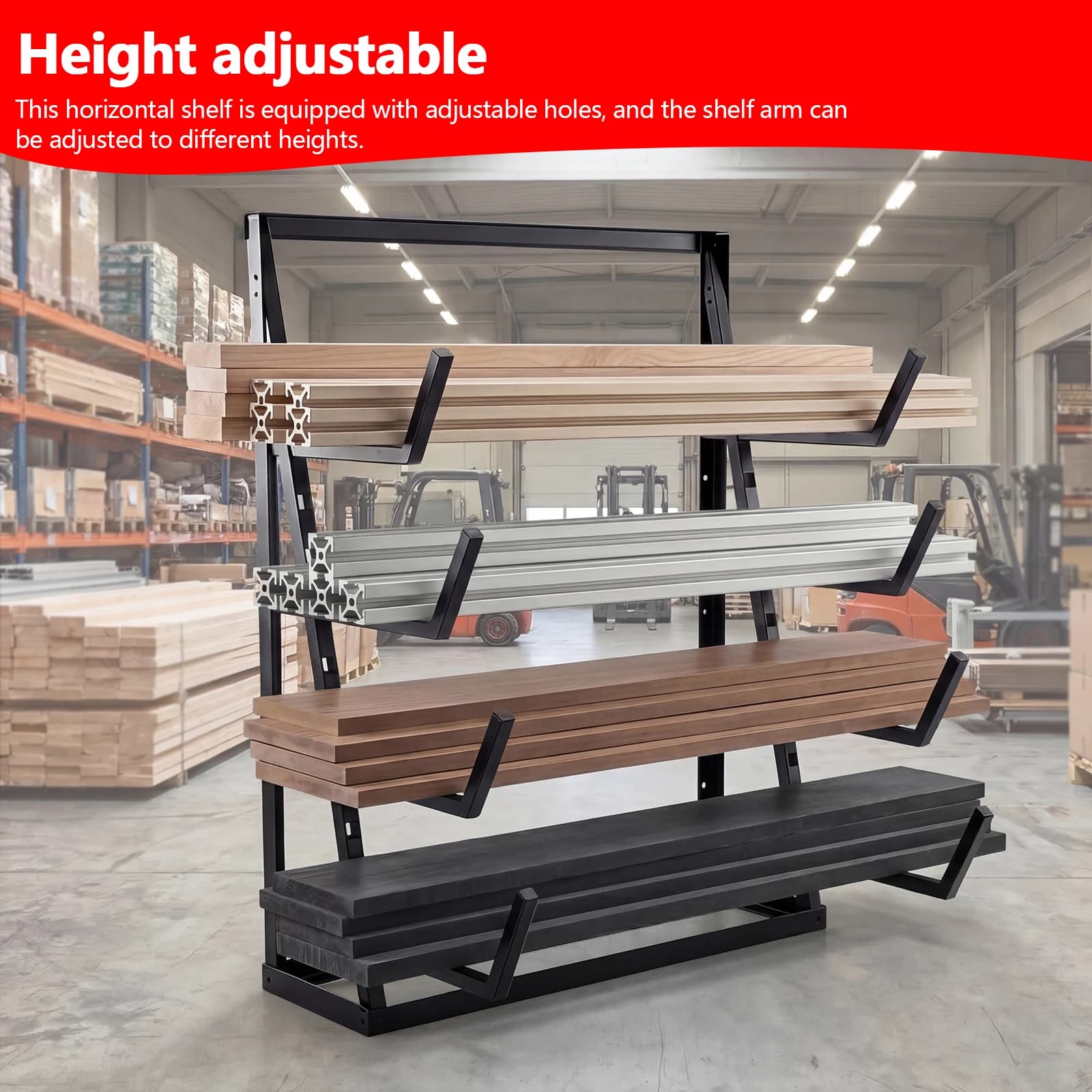 Shelf at 4 levels for pipes, load capacity 900 kg, with adjustable arms for supermarkets, garages, cellars, pantry, workshops