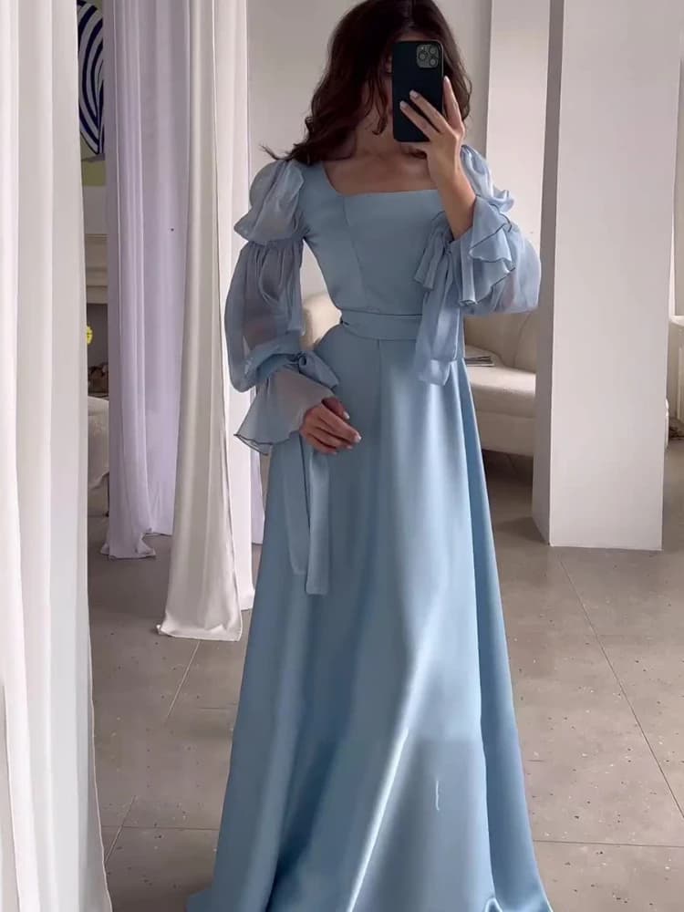 Eid abito da festa musulmano donna dolce manica a sbuffo abito lungo colletto quadrato abiti Largo Ramadan Abayas Dubai abito lungo arabo 2024