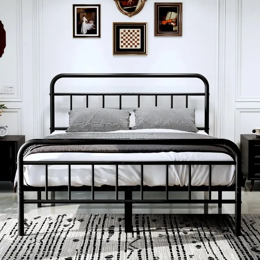 Metal bed frame, queen size bed frame with padded headboard, sturdy and durable mattress base, easy to mount, without spring box