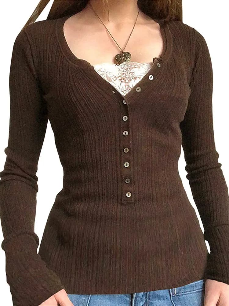 Women Button Front Knit Tops Long Sleeve Lace Patchwork Slim Fit Sweater Fall Fairy Grunge Gothic Y2K Tops