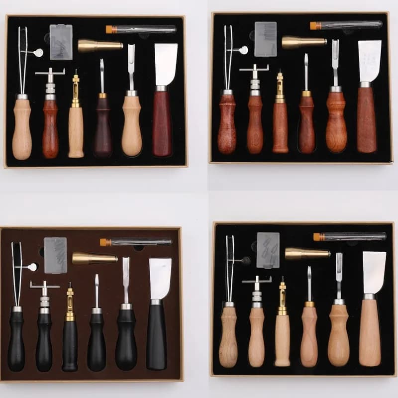 Leather Kit Leather Craft Tools Set Hand Cutter Carving Stitching Punch Carving Awl Leather Thread Needles for Beginners