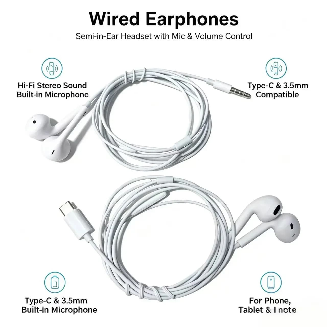 Universal Wired Semi‑in‑Ear Earphones, Hi‑Fi Stereo, with Microphone & Volume Control for Phones and Tablets