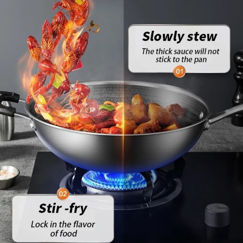 Padella per uso domestico da 32 cm Padella antiaderente in acciaio inossidabile Addensare padella Wok a fondo piatto Pentole da cucina