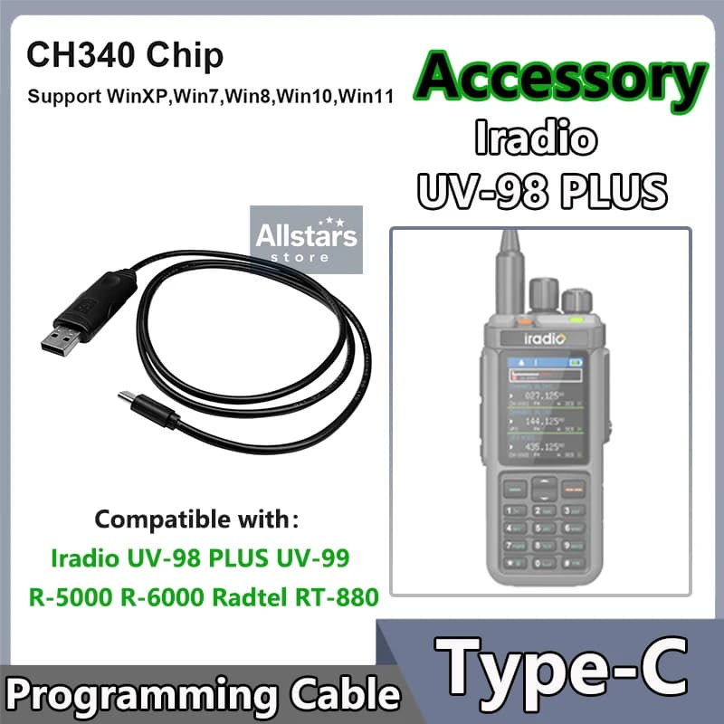 USB Programming Cable Type-C Support Windows System For Iradio Radios UV-98 PLUS UV-99 R-5000 R-6000 RT-880 Walkie Talkie CH340
