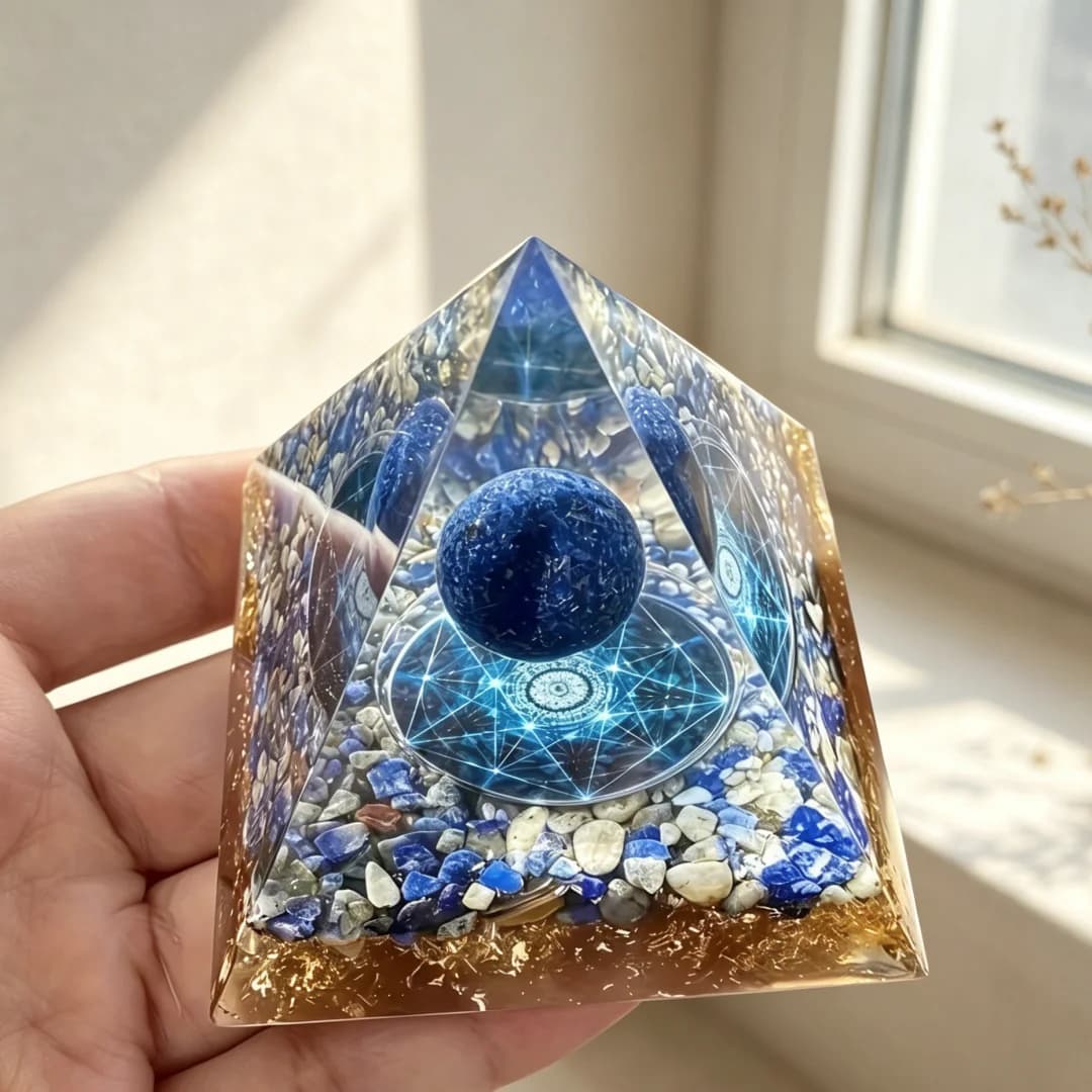 Orgone Pyramid with Lapis Lazuli Sphere Energy Generator Reiki Healing Crystal Pyramid for Positive Energy Meditation Home Decor