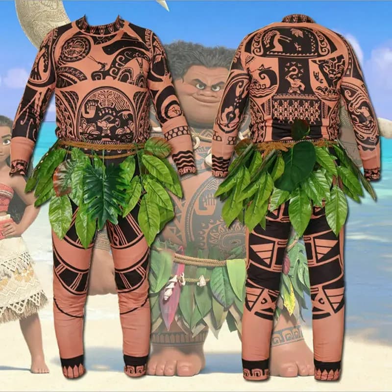 Costume di Halloween per Adulti Moana Maui con Tatuaggio, Maglietta/Pantaloni e Decorazioni a Foglie, per Uomo e Donna