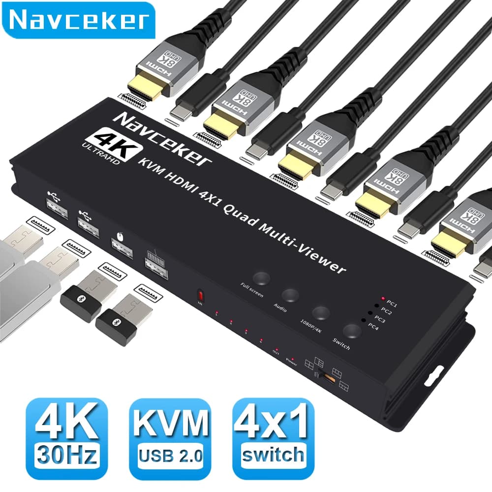 Navceker KVM Multiviewer compatible with HDMI 4K 4 In 1 Out 1080P Quad Screen Multi Viewer HDMI Multi-Viewer seamless switch with IR